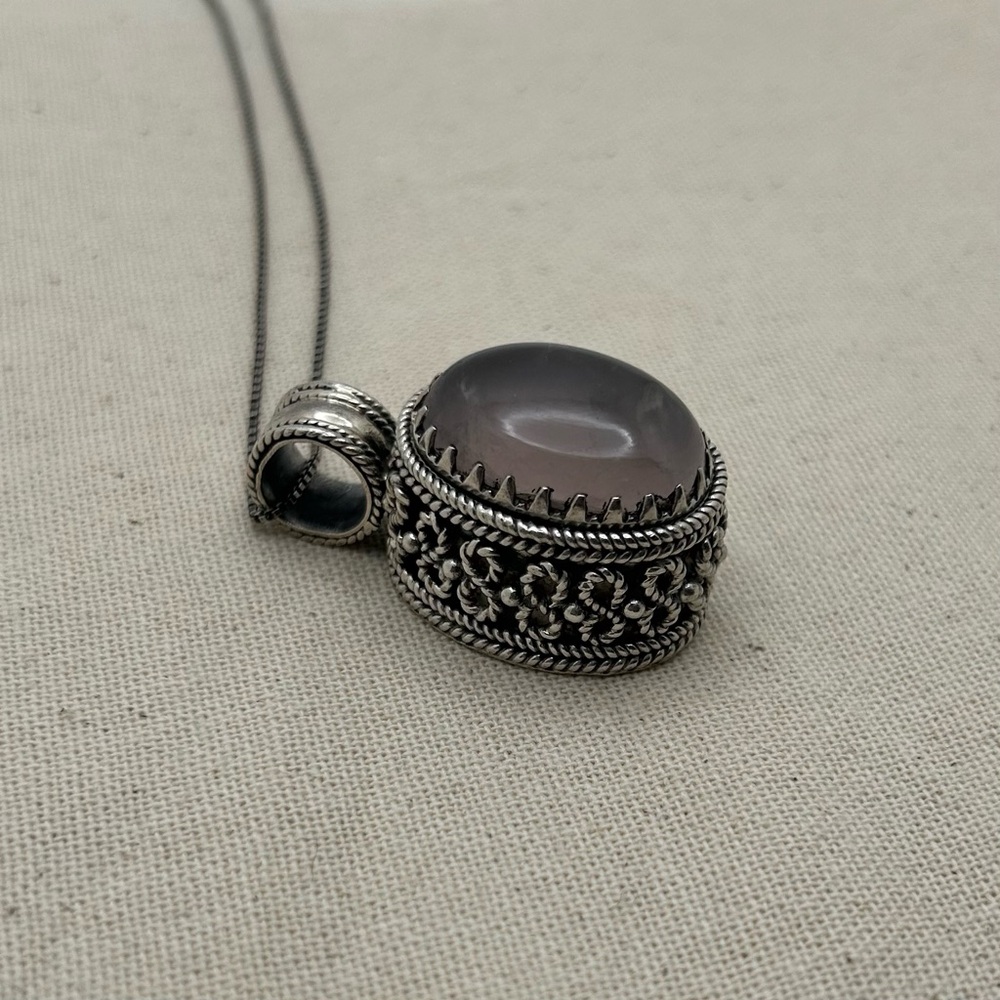 Large 925 Sterling Silver and Rose Quartz Chunky Bali Style Necklace